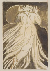 „Fehér hajú férfi hosszú, sápadt köntösben, aki felemelt kézzel menekül előlünk”, „The First Book of Urizen” 28. tábla, 1794 (színnyomásos domborműves tintával és wc-vel papíron)